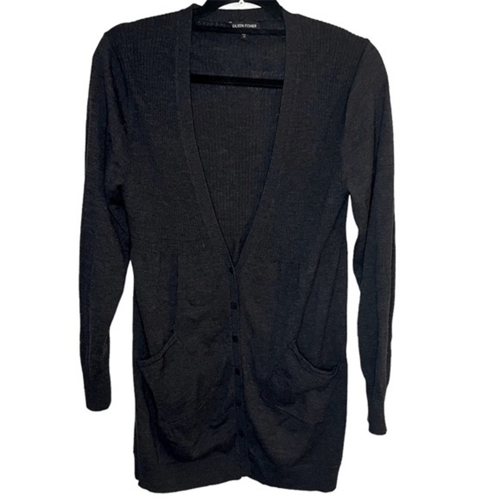 Eileen Fisher Wool Cardigan In Dark Grey Size Medium